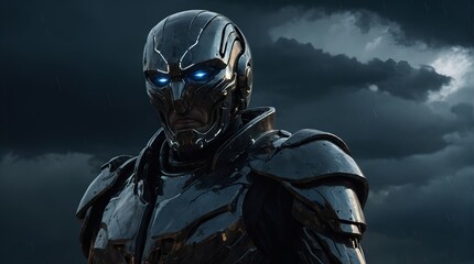 A brooding chrononaut clad in dark, shimmering attire, exuding a mysterious aura that contrasts starkly against the backdrop of metallic machinery and ominous storm clouds. 