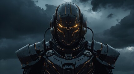 A brooding chrononaut clad in dark, shimmering attire, exuding a mysterious aura that contrasts starkly against the backdrop of metallic machinery and ominous storm clouds. 
