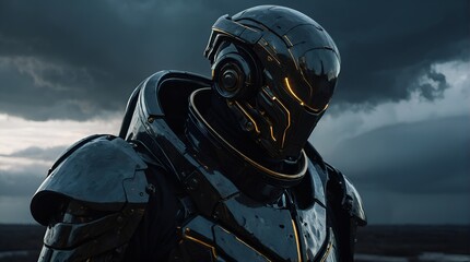 A brooding chrononaut clad in dark, shimmering attire, exuding a mysterious aura that contrasts starkly against the backdrop of metallic machinery and ominous storm clouds. 