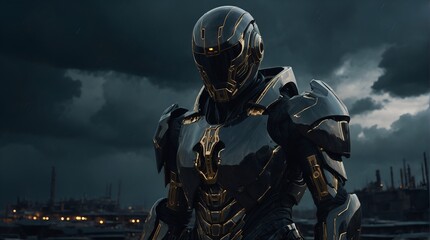 A brooding chrononaut clad in dark, shimmering attire, exuding a mysterious aura that contrasts starkly against the backdrop of metallic machinery and ominous storm clouds. 