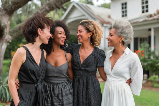 Group of diverse women girlfriends smiling in front yard of home