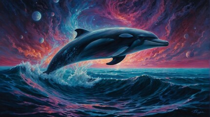 A synthwave idyllic creature emerges from a vibrant haze of neon colors, its sleek and streamlined form glowing with a soft, ethereal light.