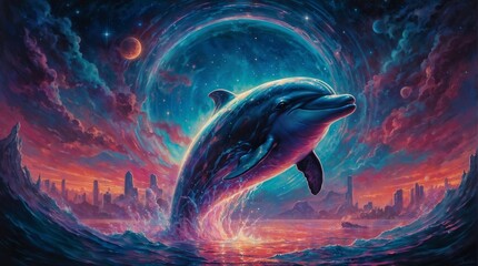 A synthwave idyllic creature emerges from a vibrant haze of neon colors, its sleek and streamlined form glowing with a soft, ethereal light.