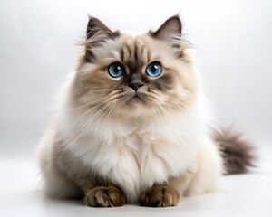 Himalayan breed cat sitting isolated on white background looking at camera.