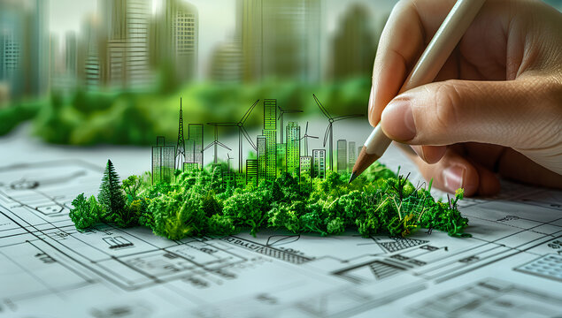 Businessman planning on environmental protection initiative for clean and sustainable future ecology, ESG environmental social governance display on paper chart on eco-friendly company