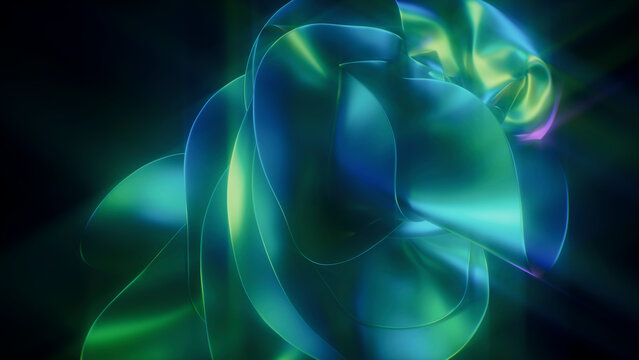 3D render of glowing neon abstract wavy holographic shapes
