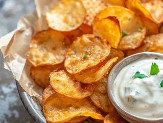 Crispy Potato Perfection: Freshly Cooked French Fries with Belgian Mayonnaise Sauce Close Up