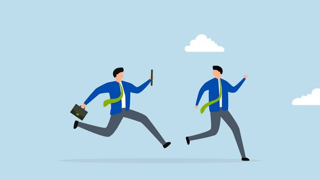 Business baton pass, 4k animation of businessmen colleagues partners pass baton at full speed for success.