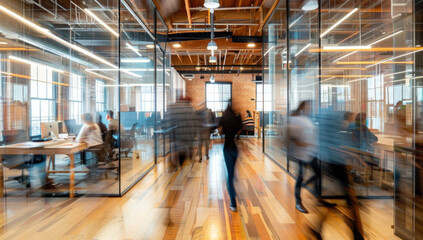 A blurred photo captures an office space with glass walls, showing busy people working at desks and walking around in the background. The scene is filled with light and colors that create depth.