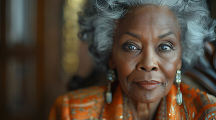 Close-up portrait of an older African American woman with gray hair and a serious expression