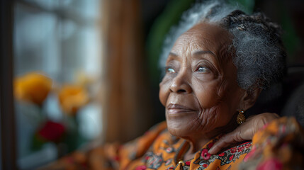 Close-up Portrait of an Elderly Woman Looking Out a Window