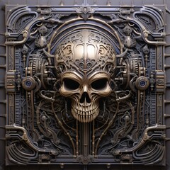 metallic skull relief, mechanical gate to the underworld