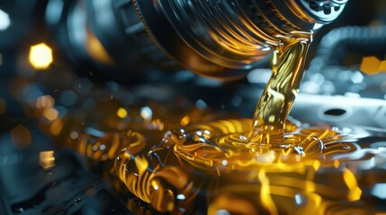 Golden engine oil flows smoothly from a container into a metal engine part, illuminated by focused lighting in a dark workshop.