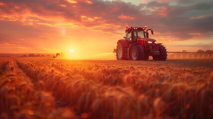 Fototapeta premium Irrigation tractor at sunset, showcasing tech role in modern agriculture and food sustainability,generative ai