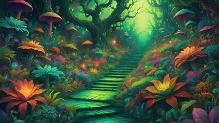 Naklejka premium Mystical walkway through a mysterious jungle with green and colorful theme and mutant plants as an artwork illustration wallpaper