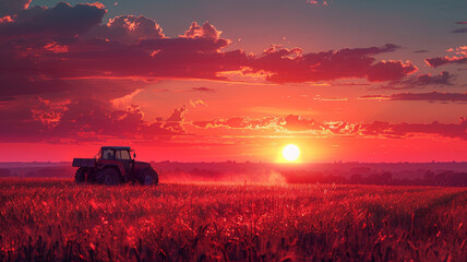 Fototapeta premium Irrigation tractor at sunset, showcasing tech role in modern agriculture and food sustainability,generative ai