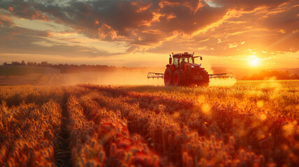 Fototapeta premium Irrigation tractor at sunset, showcasing tech role in modern agriculture and food sustainability,generative ai