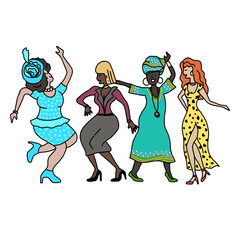 Fun Group of Menopause Middle Age Woman Dancing Cartoon Style, Hand Drawn Line Art Colorful Illustration