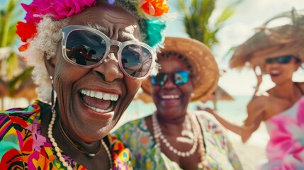 Generative AI illustration of excited African American senior woman in colorful clothes and sunglasses having fun with girlfriend during vacation