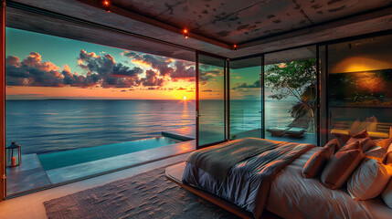 Fototapeta premium Luxurious hotel room with stunning ocean views at sunset