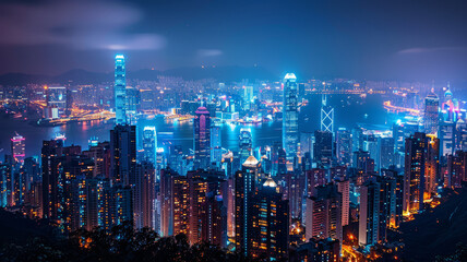 Fototapeta premium A wide view of the city with many tall buildings at night with spotlights shining on the buildings generative ai