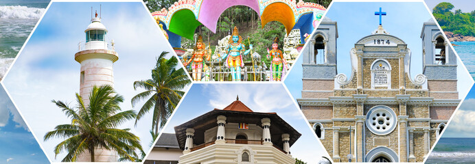 Architectural sights of Sri Lanka. Collage. Wide photo.