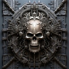 metallic skull relief, mechanical gate to the underworld