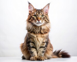Maine Coon breed cat sitting isolated on white background looking at camera.