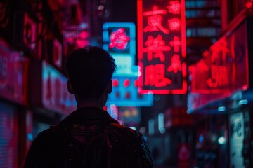 Silhouette of a man against vibrant neon signs in a dark city alley, evoking a mood of mystery and nightlife