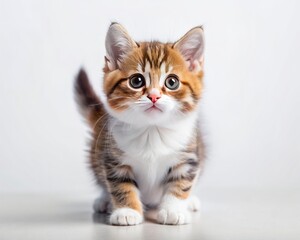 Munchkin breed cat sitting isolated on white background looking at camera.
