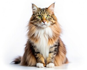 Norwegian Forest breed cat sitting isolated on white background looking at camera.