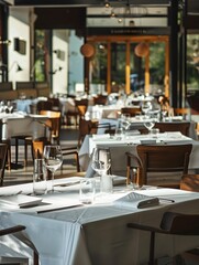 A well-lit, elegant restaurant interior with tables set for dining, no people, modern decor, concept of dining out