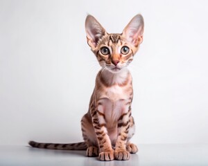 Oriental breed cat sitting isolated on white background looking at camera.