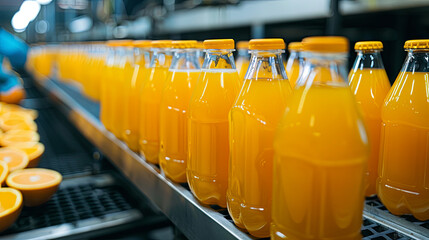 Orange juice production, with bottles of juice on a conveyor belt