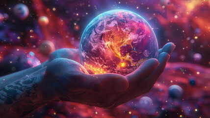 A sphere of earth floating in hands, many planets around it, universe background,generative ai