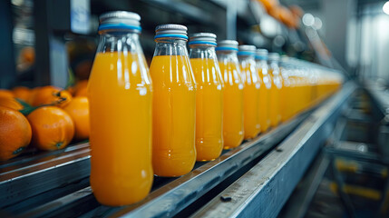 Orange juice production, with bottles of juice on a conveyor belt