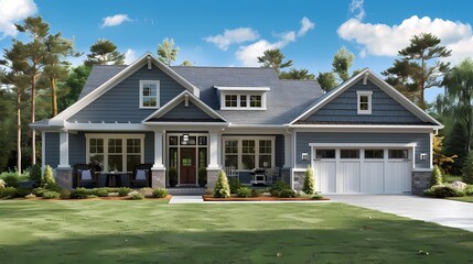 Design a craftsman-style home with a modern slate gray and coastal aquamarine exterior