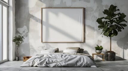 Minimalistic mockup frame in a 3D rendered contemporary bedroom (copy space, modern interior, dynamic, Composite, urban loft backdrop)