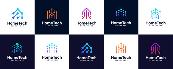 set of Home tech with connection dot line art style logo design, vector illustration