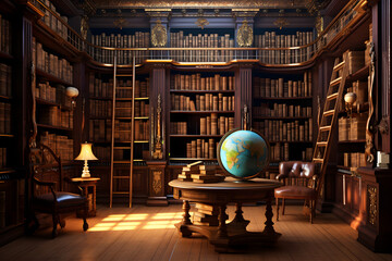 A vintage library room with classical wooden furniture, rows of old books, and a large globe. Soft...