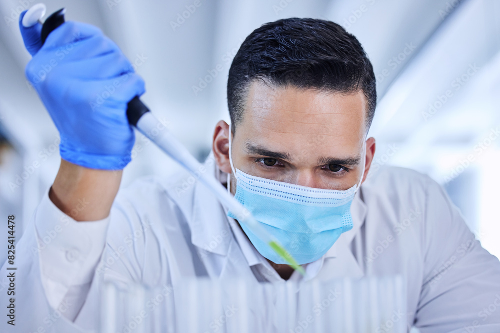 Poster test, scientist and hand with pipette in lab for medical health or research for vaccine in career. p