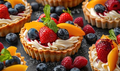 Fresh fruits tarts with fresh fruit and cream cheeses. Strawberry, blueberry, raspberry, apricot