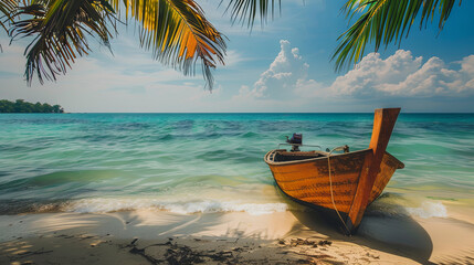 Boat on the shore of a tropical beach and ocean