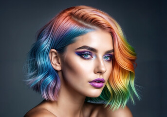 Fototapeta premium The photo shows off the girl's bold and creative look, with her hair colored in eye-catching rainbow hues