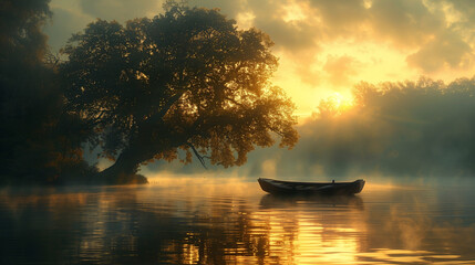 boat on the misty lake