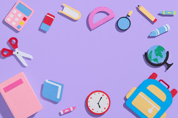 School supplies and notebook on pastel table. Back to school