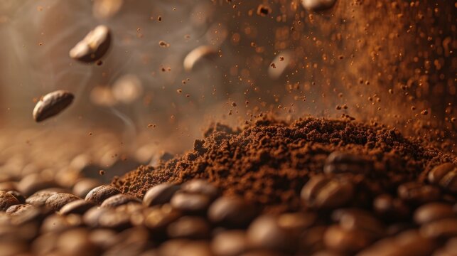 The coffee beans being ground into a fine powder replicating the smashing of particles.