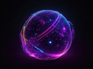 an abstract neon energy sphere of particles and waves of magical glowing on a black background, Isolated on transparent, generative artificial intelligence.
