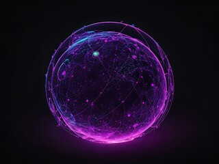 an abstract neon energy sphere of particles and waves of magical glowing on a black background, Isolated on transparent, generative artificial intelligence.