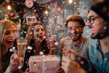 A lively indoor party with young adults exchanging gifts, throwing confetti, radiating joy in a colorful festive atmosphere, creates a cheerful gathering full of laughter, smiles, and friendship